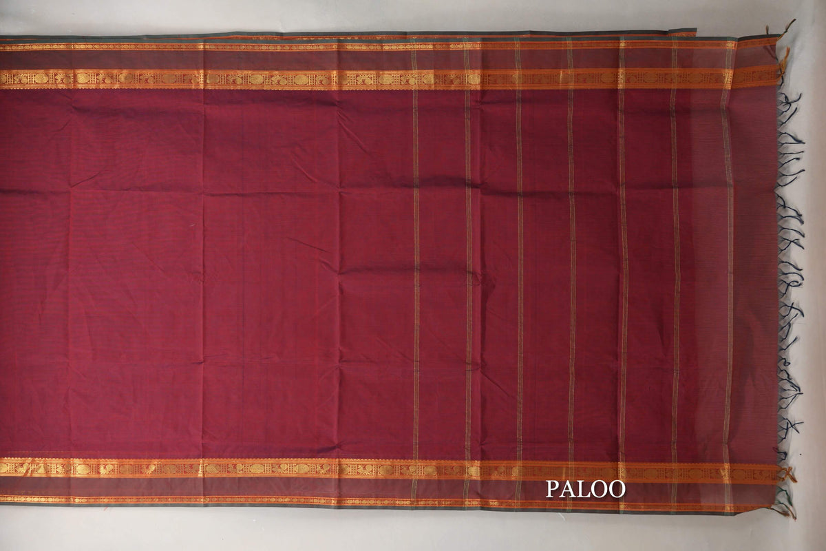 Dual Tone of Red & Blue Grey Vegan Silk Cotton Saree paloo
