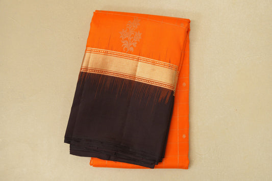 folded Bright Orange with Deep Coffee Brown Borders Light Weight Kanjivaram Silk Saree 