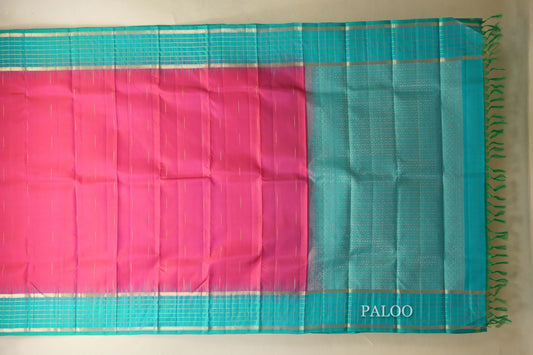 Bright Pink with Aqua Blue Borders Light Weight Kanjivaram Silk Saree SS8814