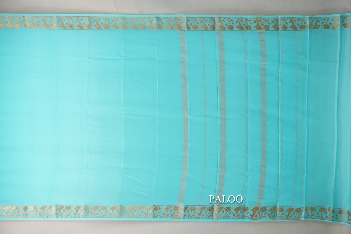 Light Aqua Blue Mysore Silk Saree paloo