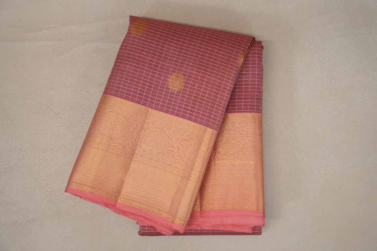 Onion Pink with Zari Checks Vintage Kanjivaram Silk Saree