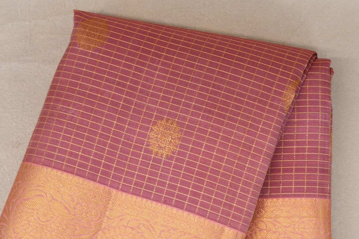 Onion Pink with Zari Checks Vintage Kanjivaram Silk Saree body