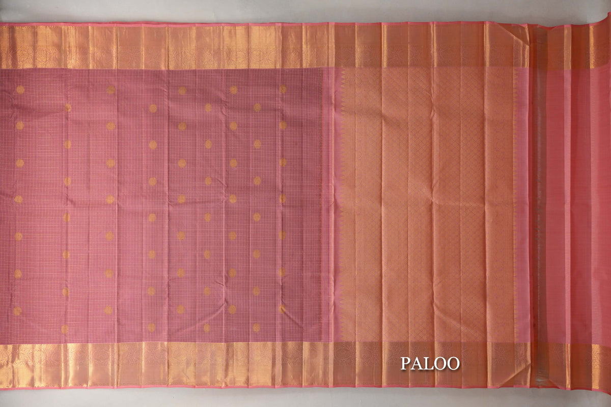 Onion Pink with Zari Checks Vintage Kanjivaram Silk Saree paloo