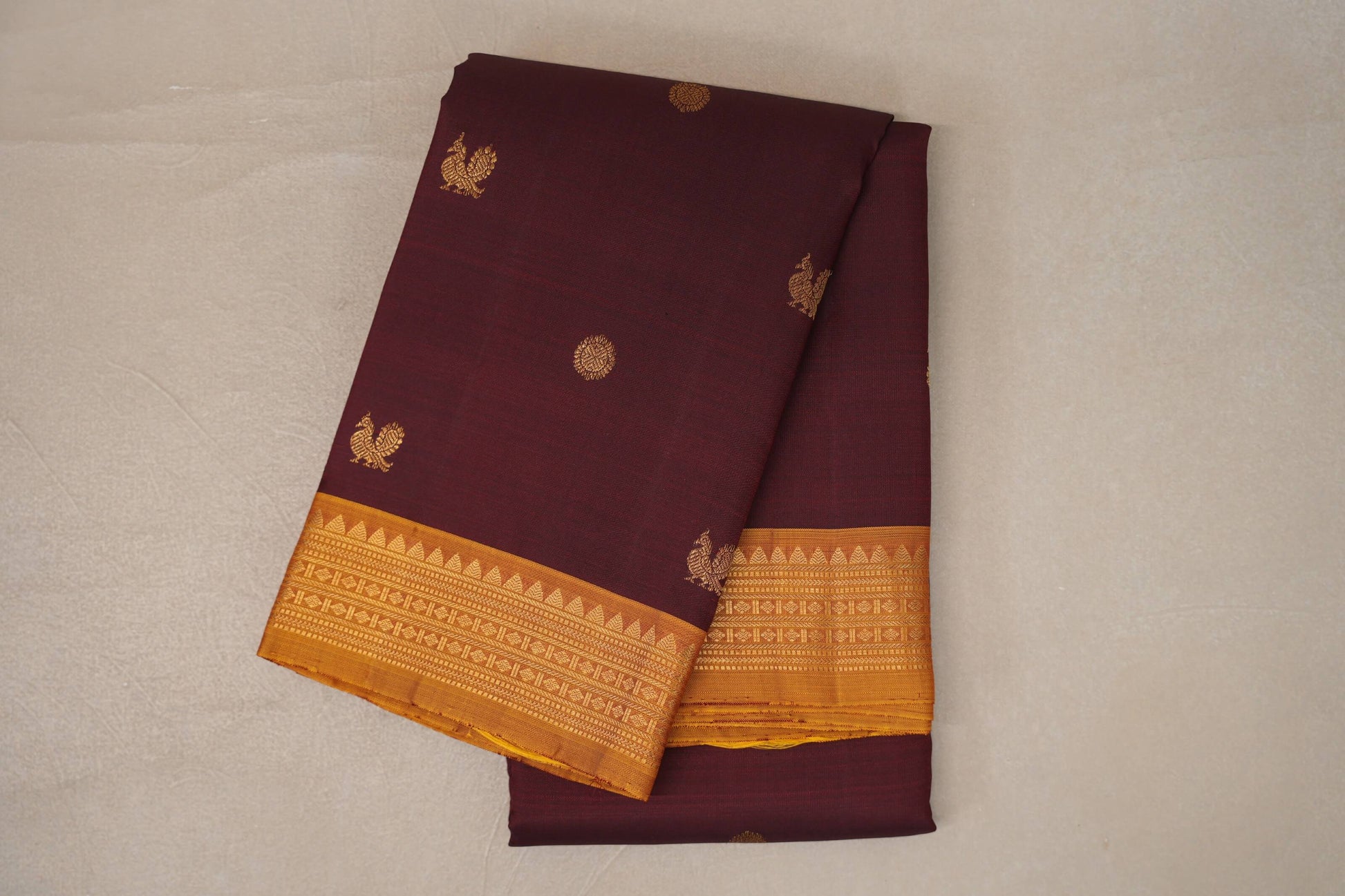 Deep Maroon with Mustard Yellow Borders Vintage Kanjivaram Silk Saree