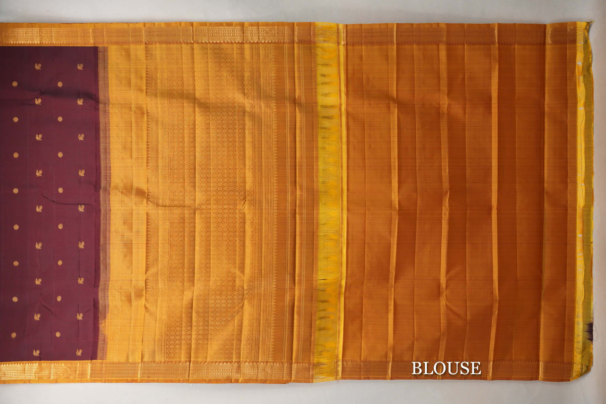 Deep Maroon with Mustard Yellow Borders Vintage Kanjivaram Silk Saree blouse