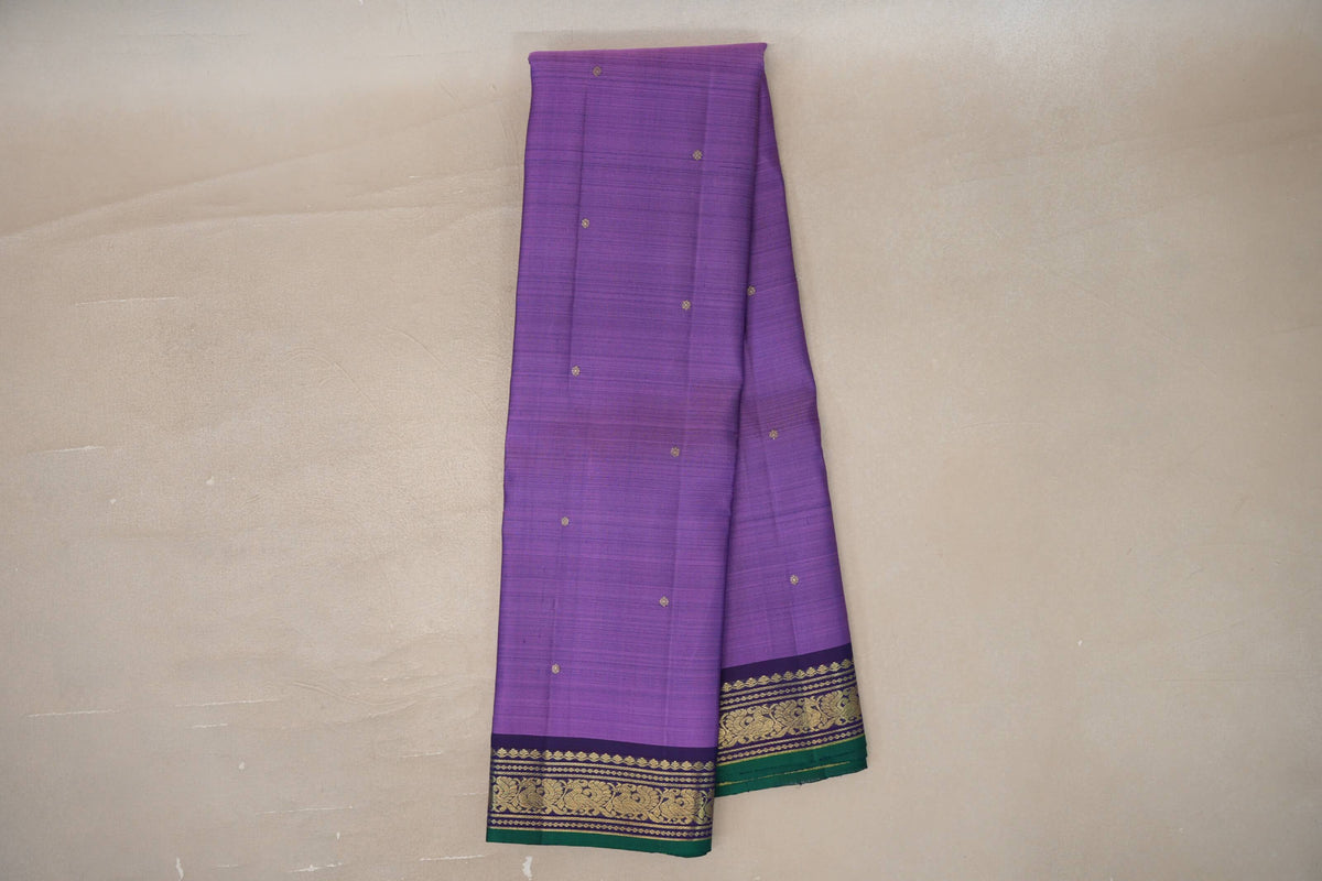 Online Lavender Purple with Deep Purple with Emerald Green Selvedge Borders Vintage Kanjivaram Silk Saree