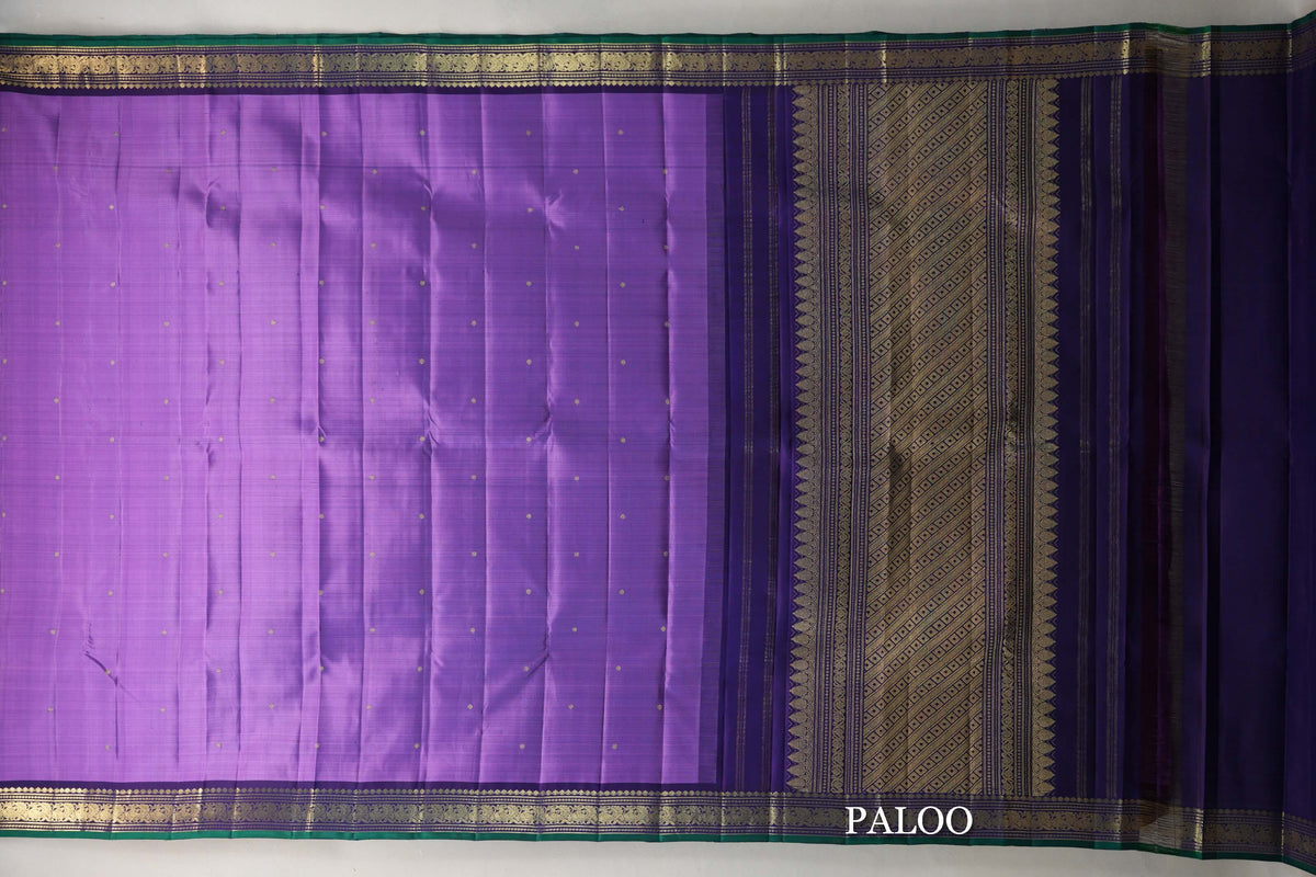 Lavender Purple with Deep Purple with Emerald Green Selvedge Borders Vintage Kanjivaram Silk Saree paloo