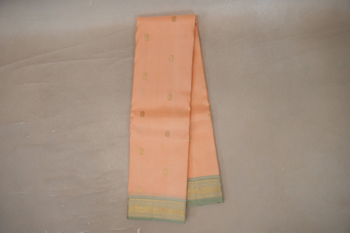 Online Light Orange with Elaichi Green Borders Vintage Kanjivaram Silk Saree