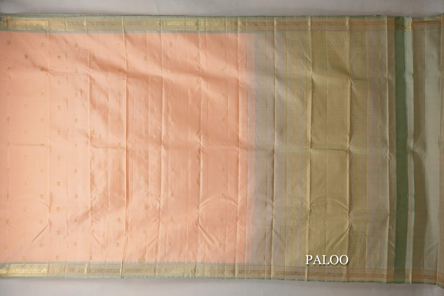Light Orange with Elaichi Green Borders Vintage Kanjivaram Silk Saree paloo