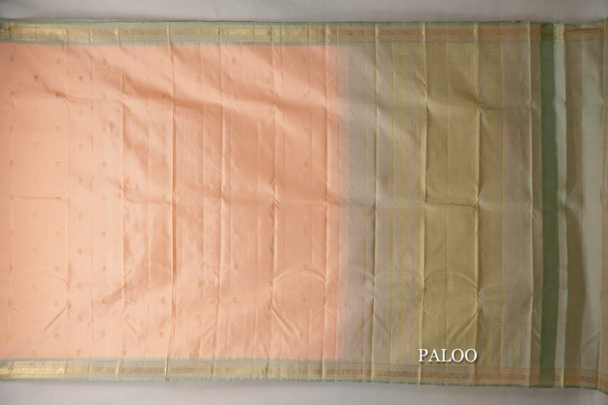 Light Orange with Elaichi Green Borders Vintage Kanjivaram Silk Saree paloo