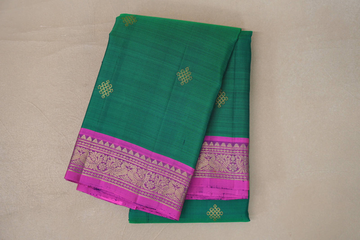 Dual Tone of Green & Blue with Bright Magenta Borders Vintage Kanjivaram Silk Saree