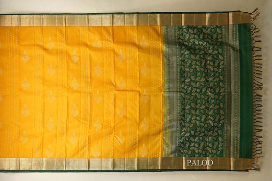Mango Yellow with Bottle Green Borders Light Weight Kanjivaram Silk Saree SS8824