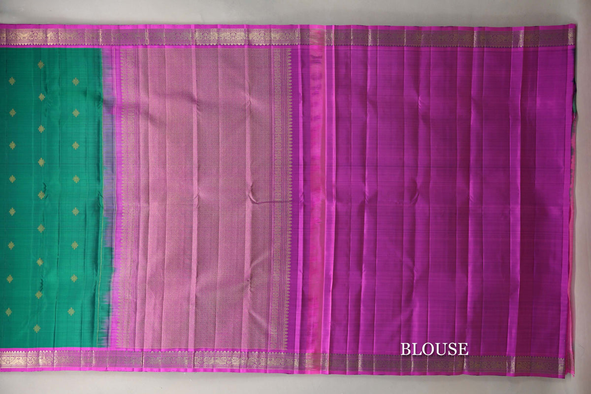 Dual Tone of Green & Blue with Bright Magenta Borders Vintage Kanjivaram Silk Saree blouse