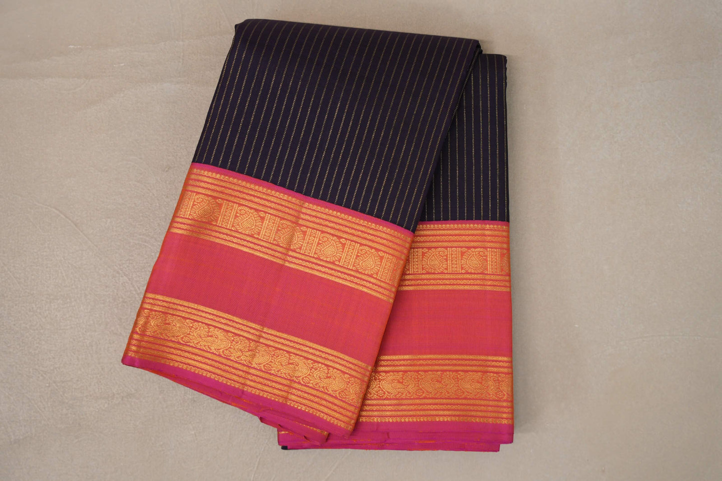 Folded Deep Plum Brown with Dual Tone of Orange & Pink Rettai Pettu Borders Vintage Kanjivaram Silk Saree