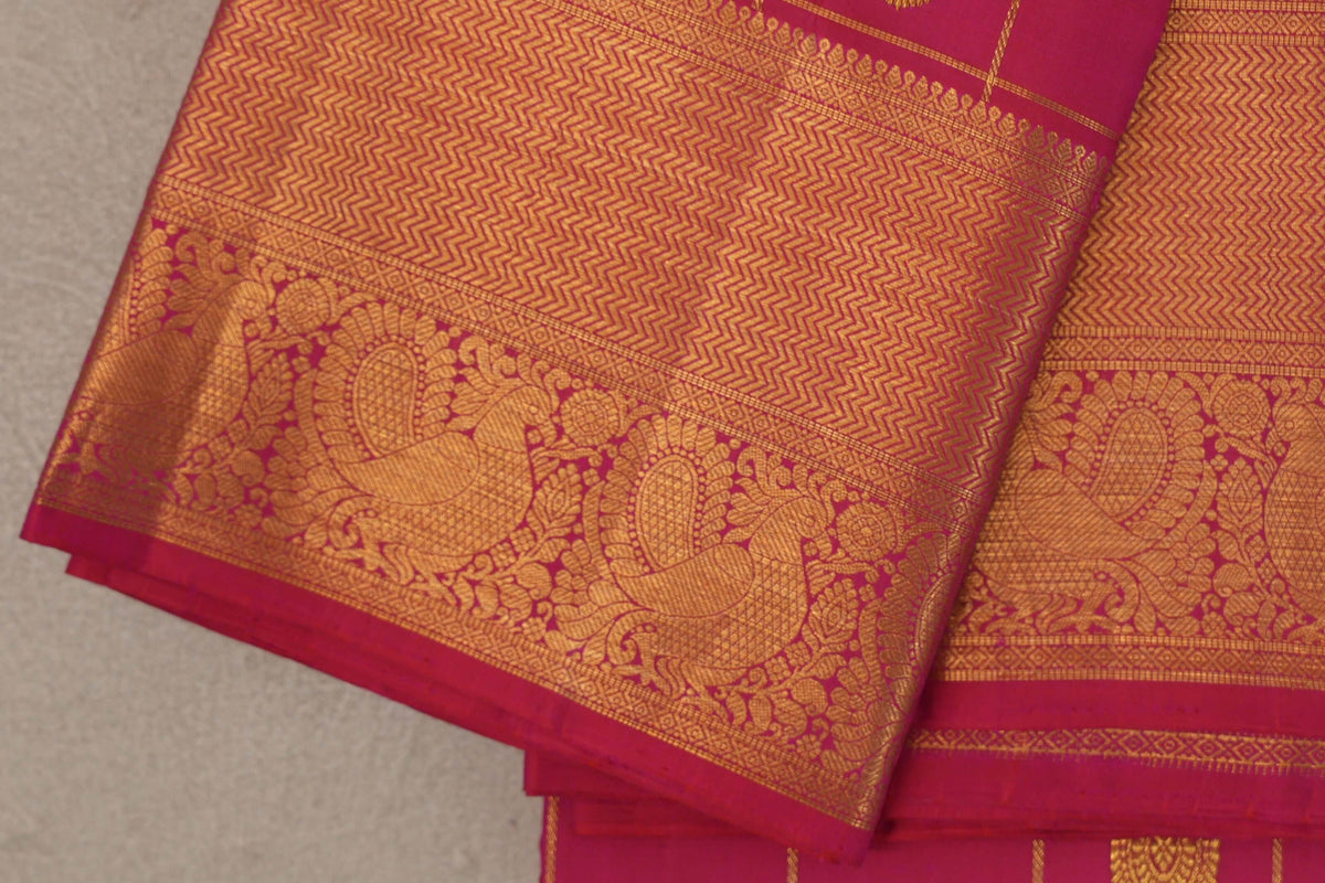 Bright Rani Pink Vintage Kanjivaram Silk Saree  border zoom