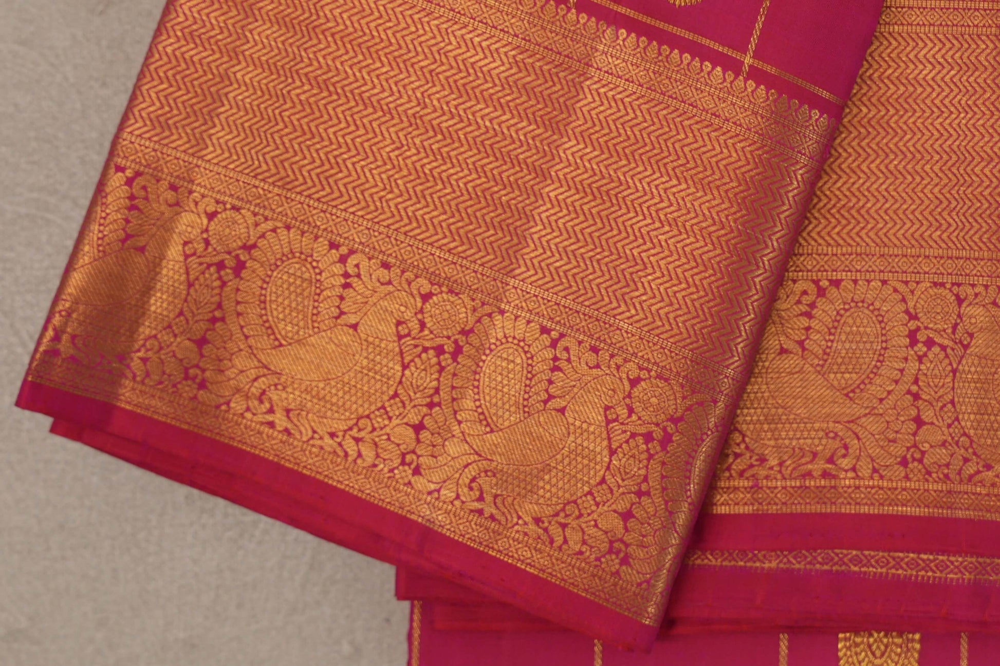 Bright Rani Pink Vintage Kanjivaram Silk Saree  border zoom