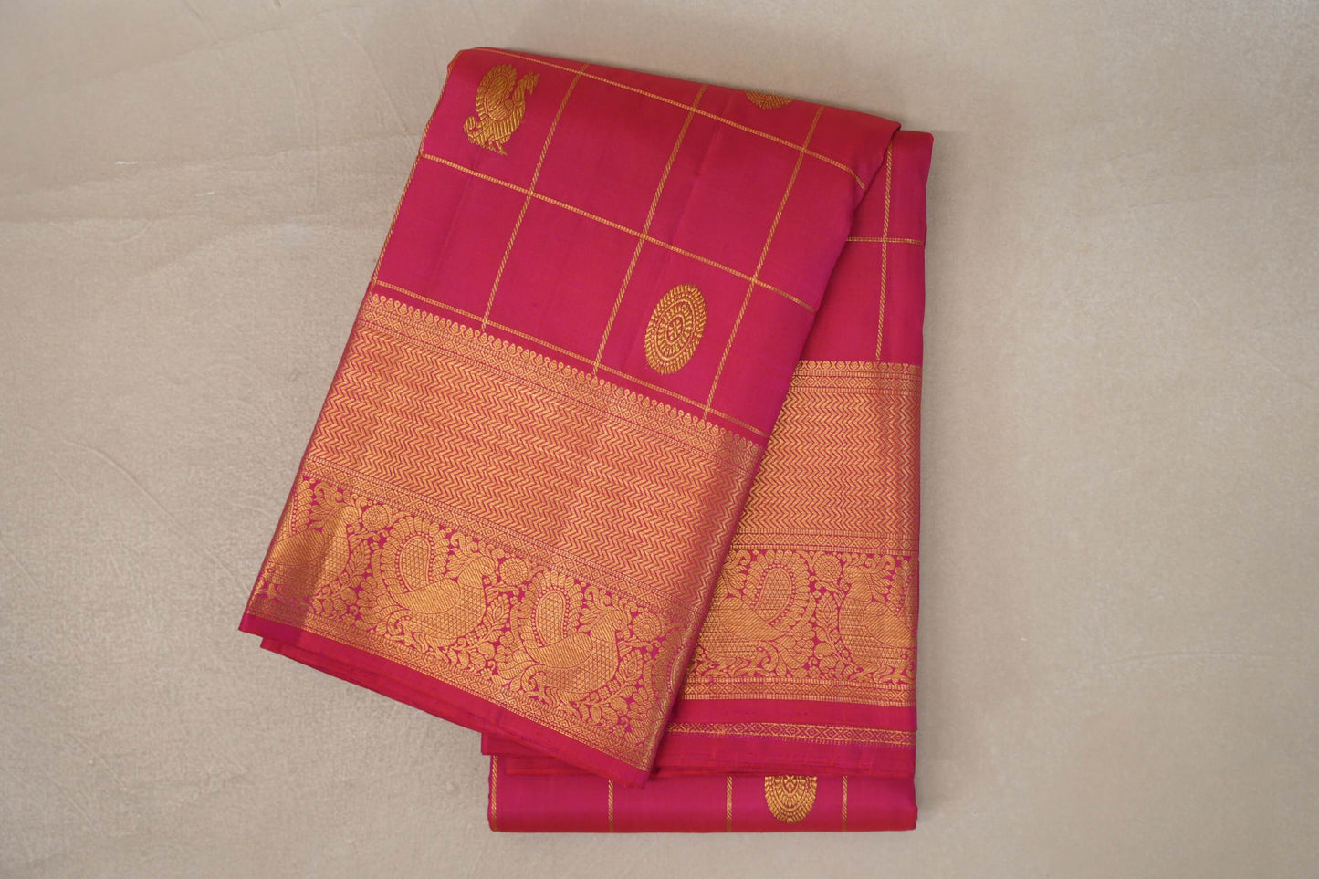 folded Bright Rani Pink Vintage Kanjivaram Silk Saree 
