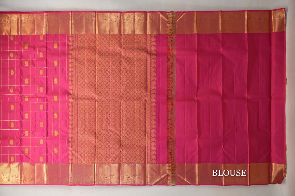  Bright Rani Pink Vintage Kanjivaram Silk Saree  blouse