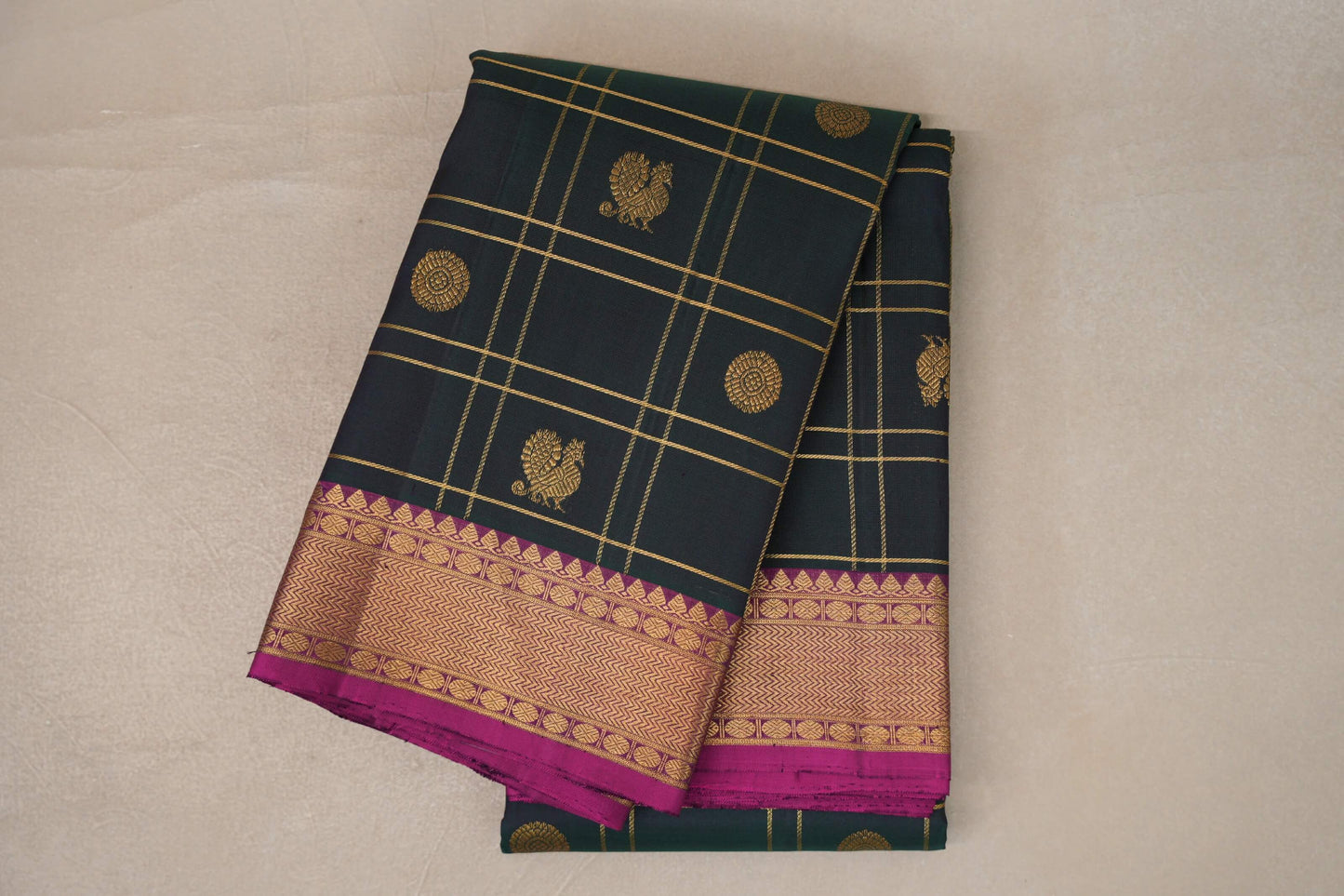 folded Dual Tone of Deep  Bottle Green & Purple Kanjivaram Silk Saree
