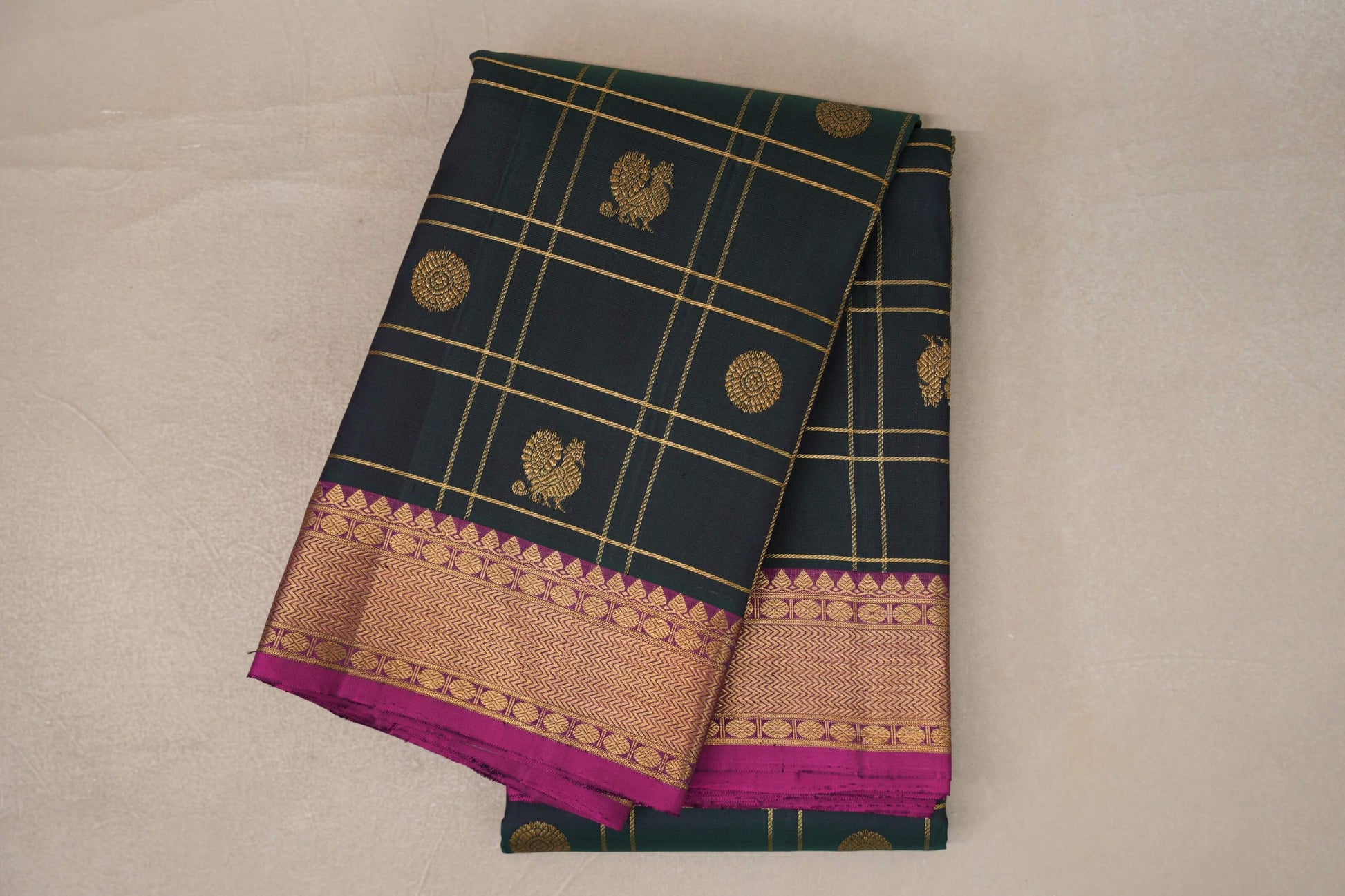 folded Dual Tone of Deep  Bottle Green & Purple Kanjivaram Silk Saree