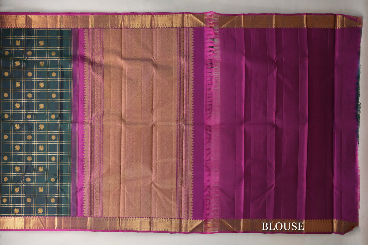 Dual Tone of Deep  Bottle Green & Purple Kanjivaram Silk Saree blouse