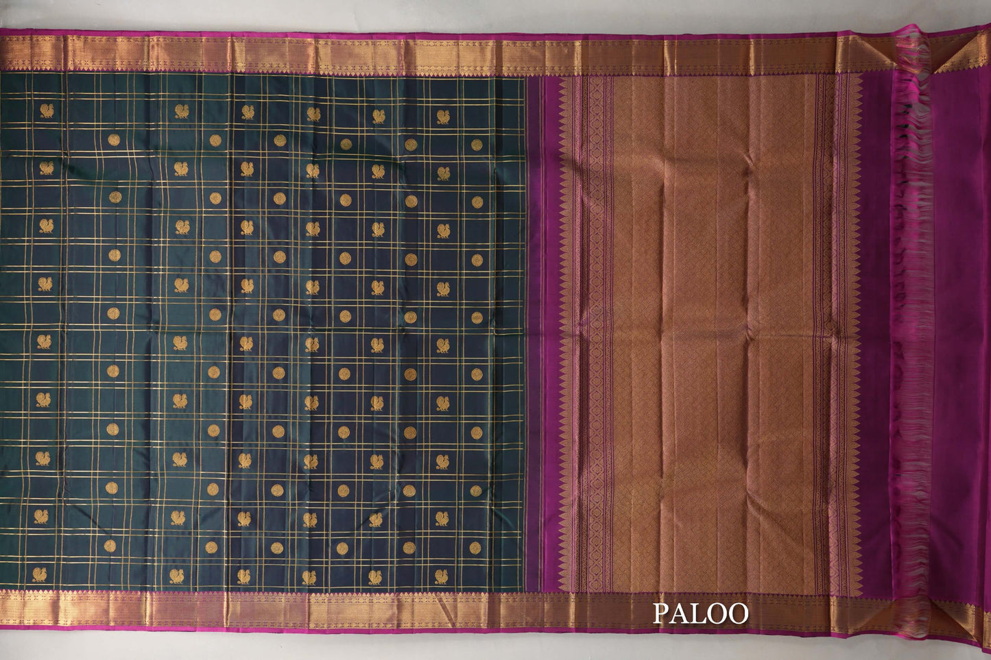 Dual Tone of Deep  Bottle Green & Purple Kanjivaram Silk Saree paloo