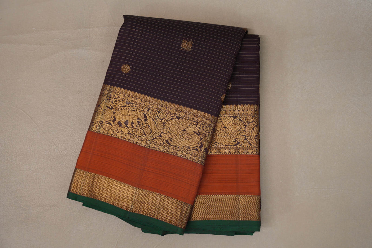 folded Deep Plum Brown Vaira Oosi Vintage Kanjivaram Silk Saree 