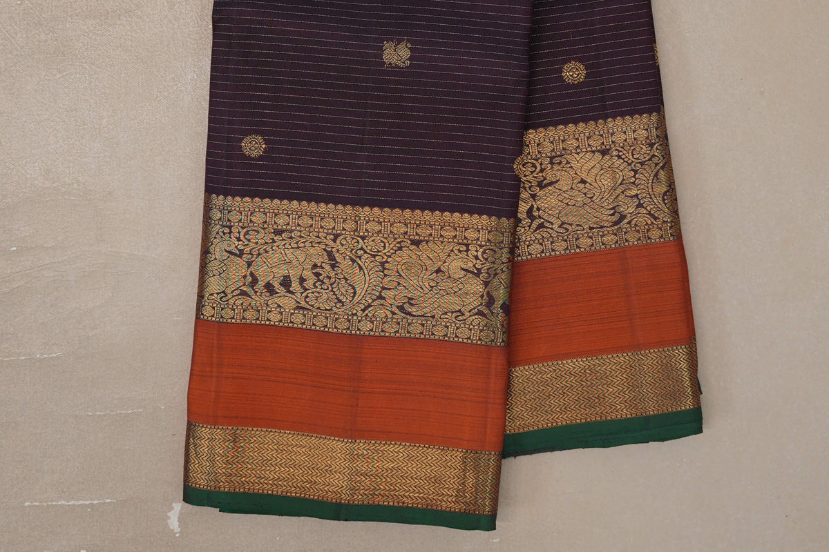 Deep Plum Brown Vaira Oosi Vintage Kanjivaram Silk Saree border zoom