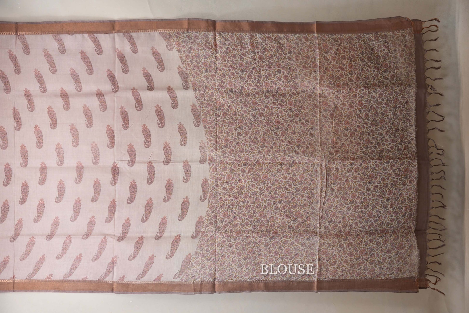 Blush pink with Dusty mauve Borders Bhagalpur Tussar silk saree blouse