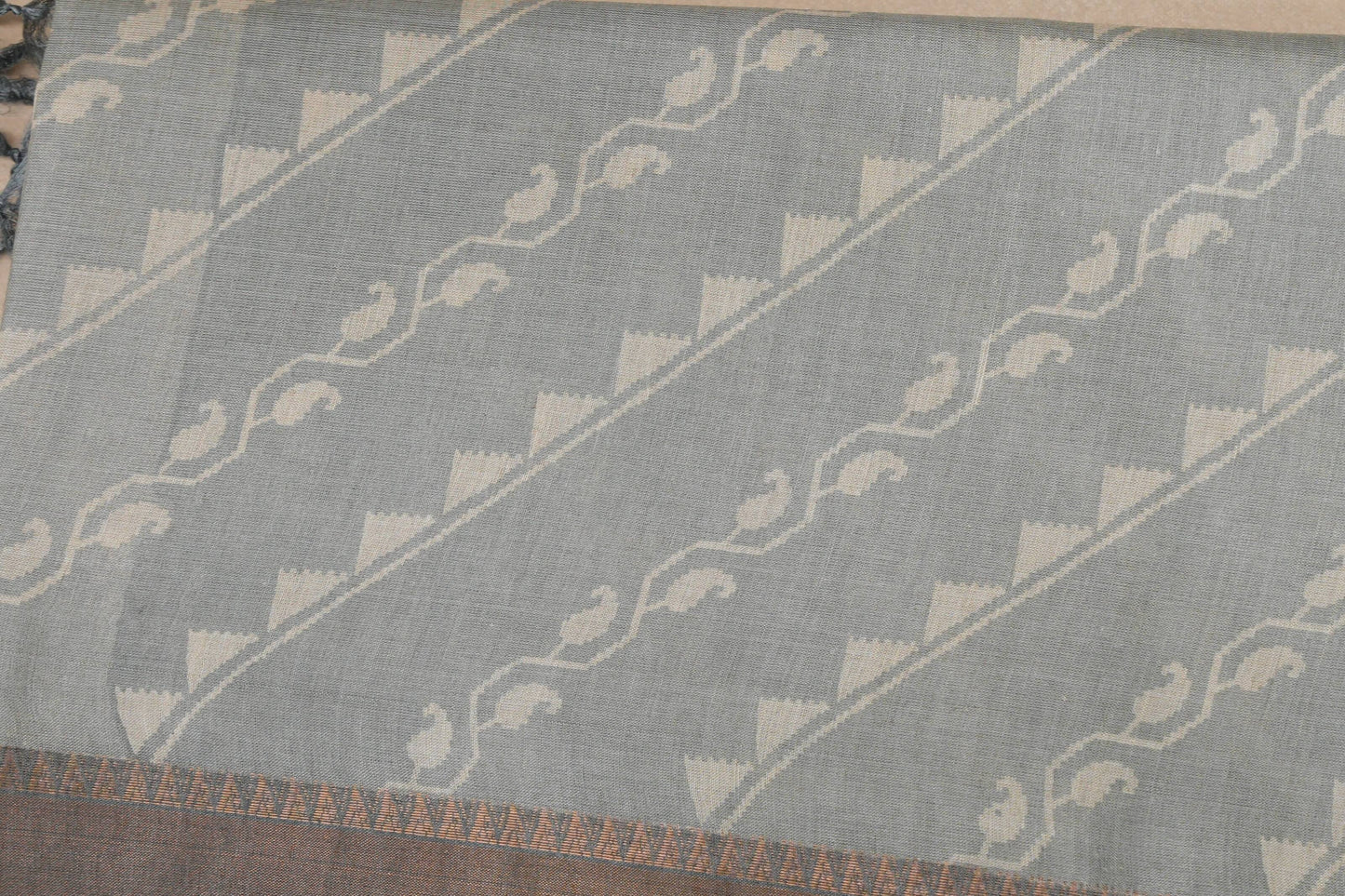 Pastel bluish grey with Dark Bluish Grey Borders Bhagalpur Tussar silk saree body