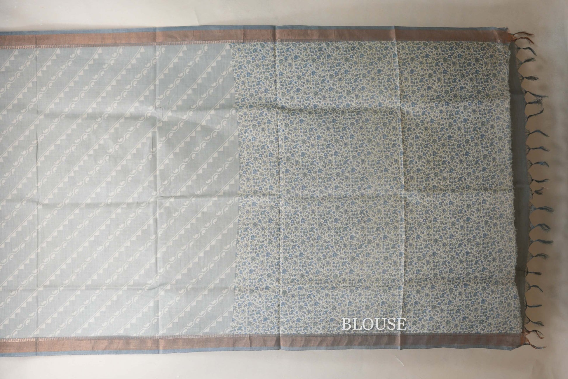 Pastel bluish grey with Dark Bluish Grey Borders Bhagalpur Tussar silk saree blouse