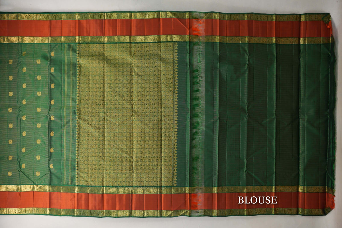 Deep Forest Green Vaira Oosi Vintage Kanjivaram Silk Saree  blouse
