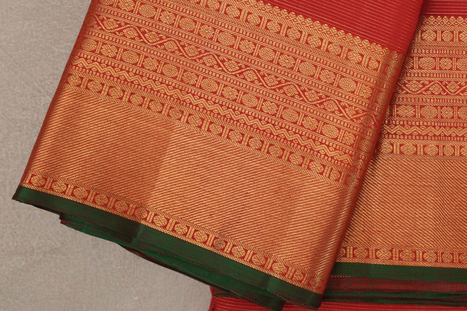 Bright Red Vaira Oosi Vintage Kanjivaram Silk Saree  border zoom