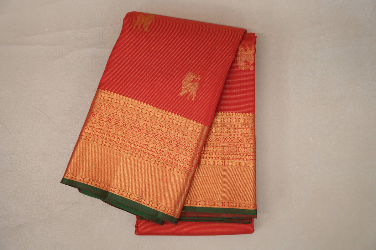 folded Bright Red Vaira Oosi Vintage Kanjivaram Silk Saree 