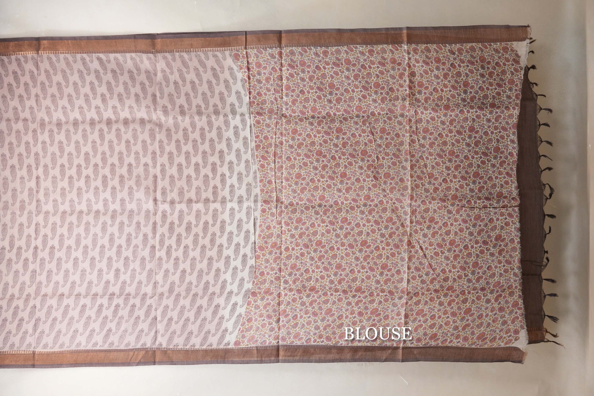 Pastel pink with Coffee brown Borders Tussar silk saree blouse