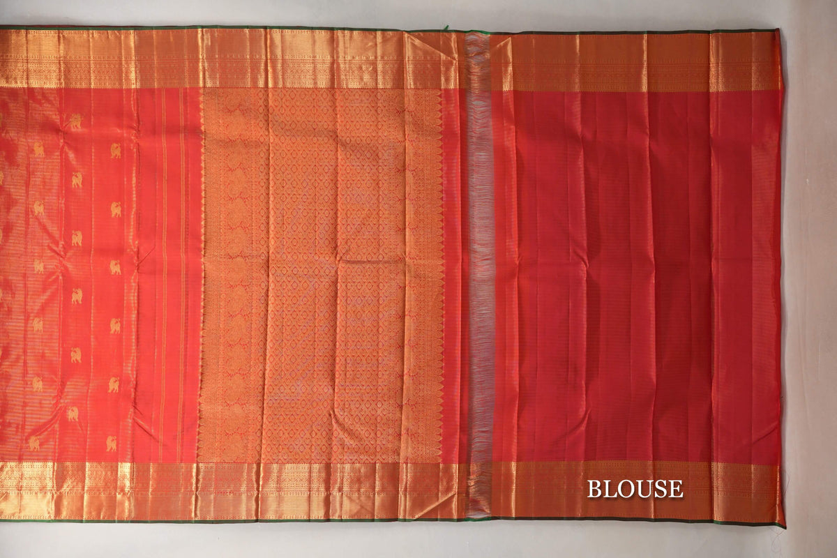 Bright Red Vaira Oosi Vintage Kanjivaram Silk Saree blouse