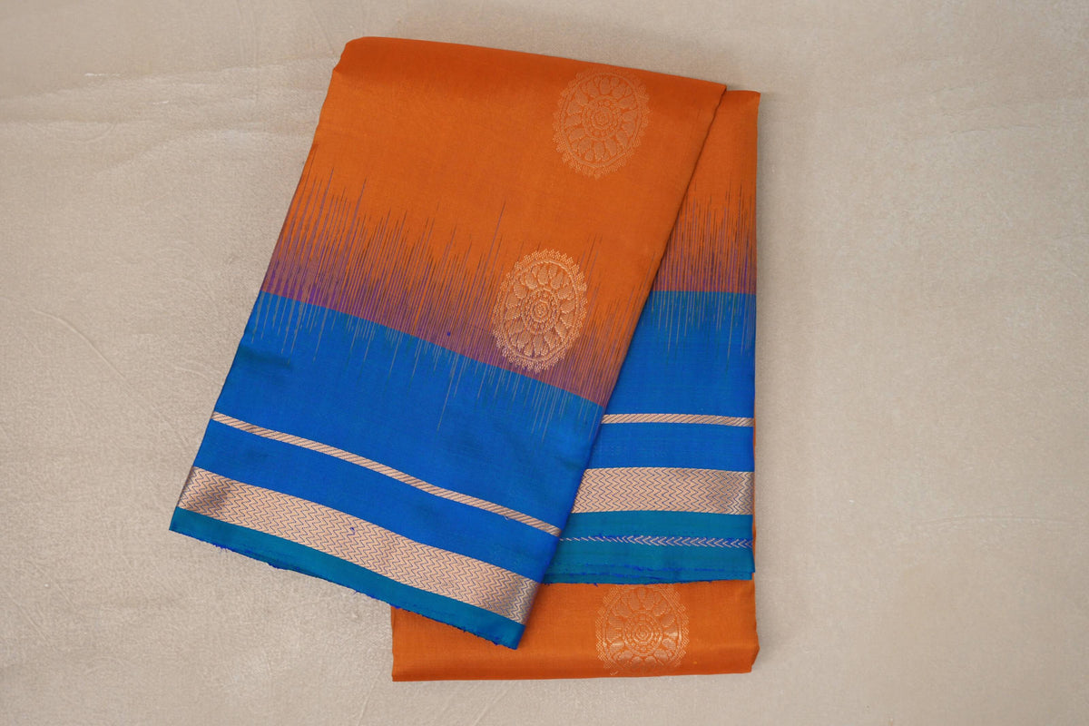 Burnt Orange with Peacock Blue Borders Light Weight Kanjivaram Silk Saree