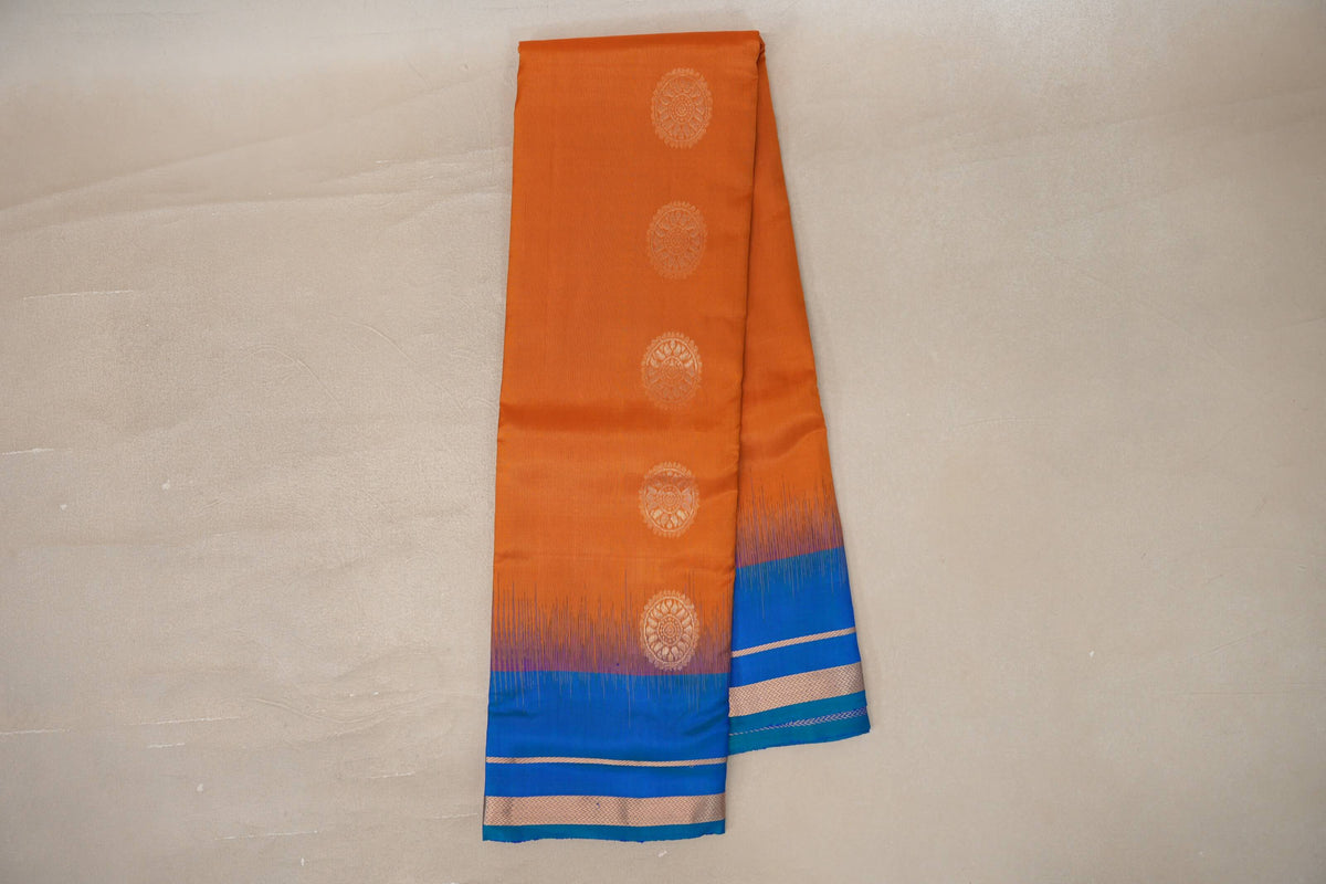 Online Burnt Orange with Peacock Blue Borders Light Weight Kanjivaram Silk Saree