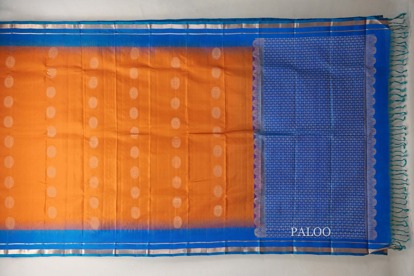 Burnt Orange with Peacock Blue Borders Light Weight Kanjivaram Silk Saree paloo