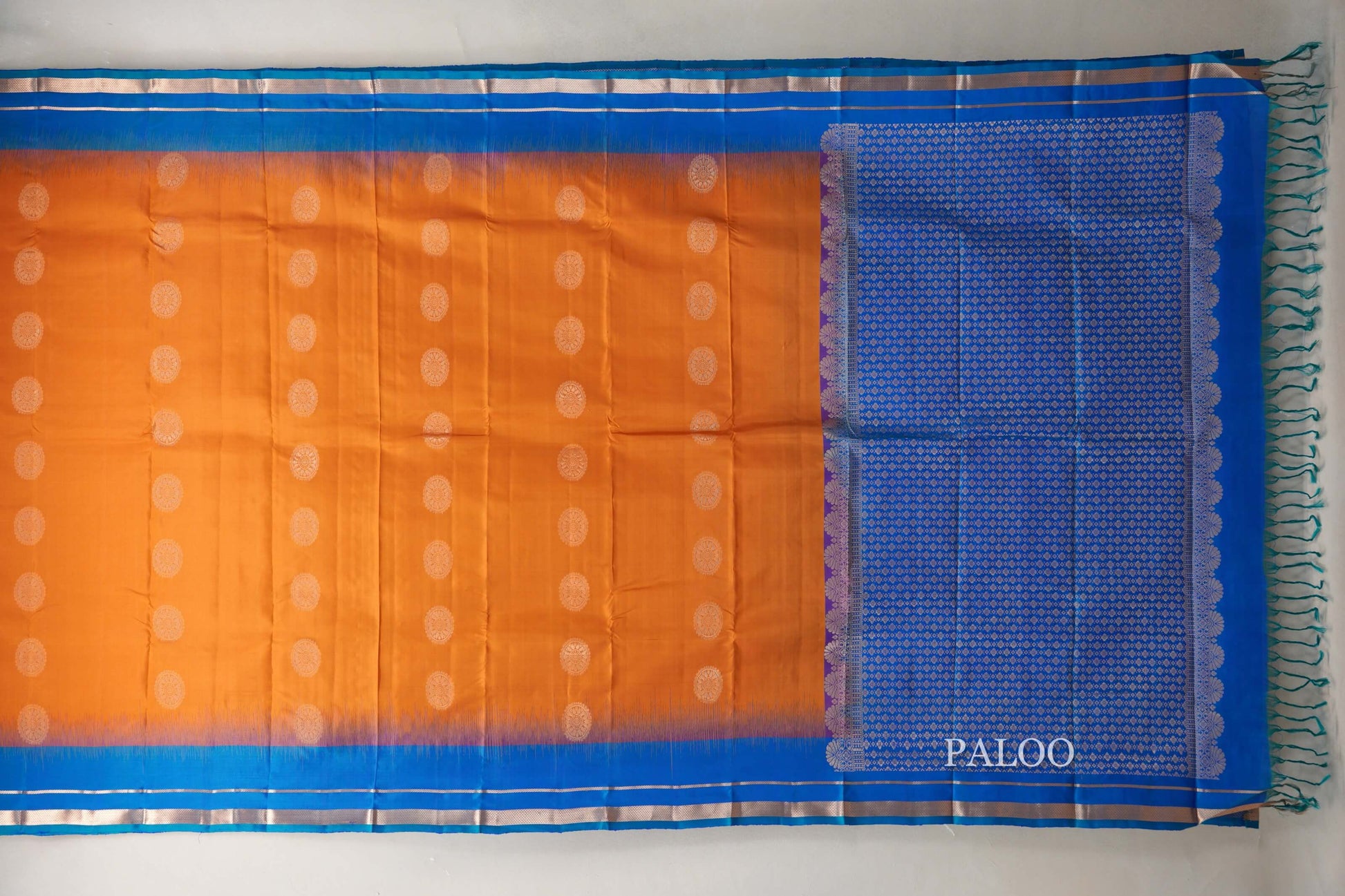 Burnt Orange with Peacock Blue Borders Light Weight Kanjivaram Silk Saree paloo
