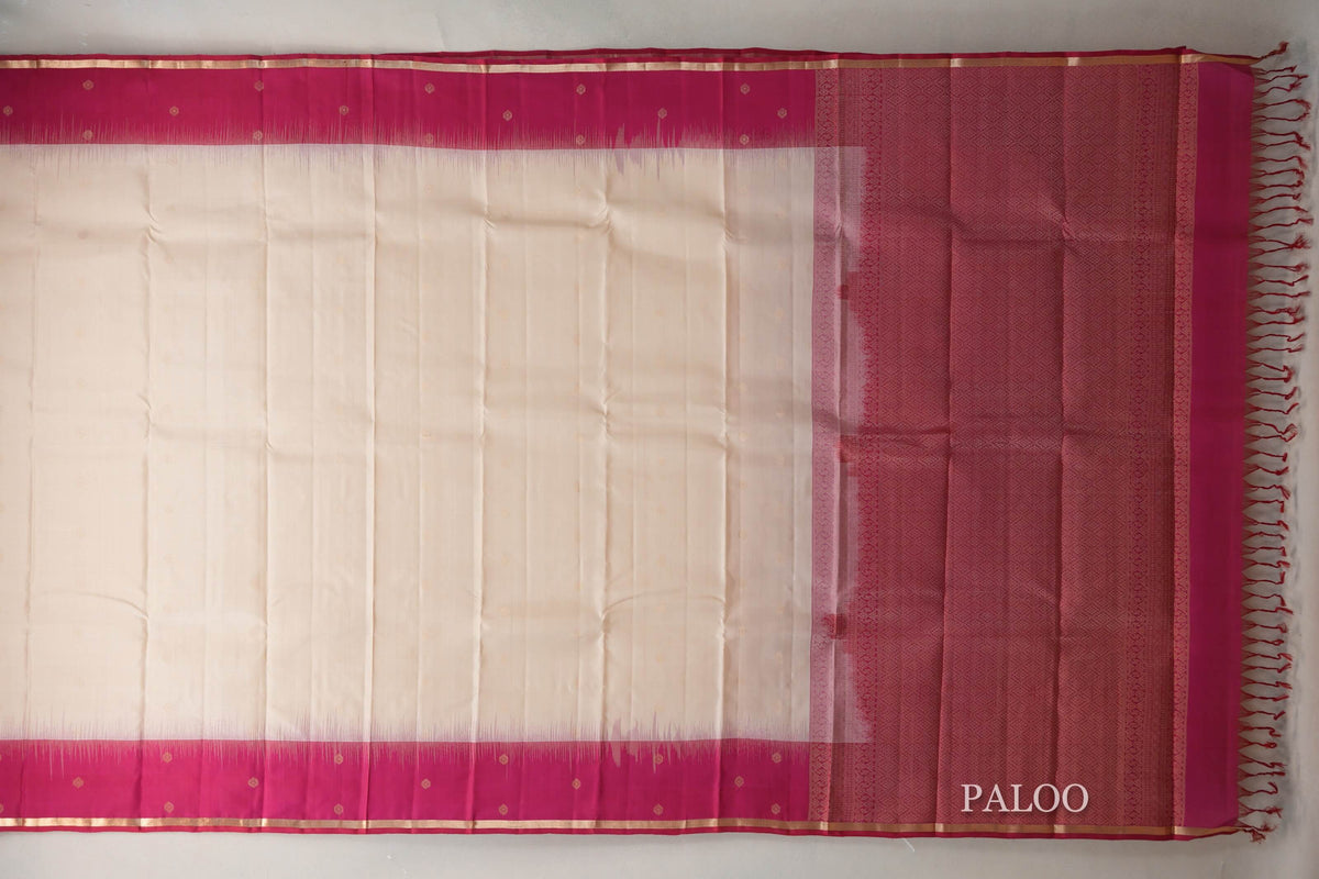 Cream Beige with Rani Pink Borders Light Weight Kanjivaram Silk Saree paloo