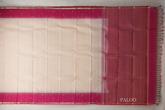 Cream Beige with Rani Pink Borders Light Weight Kanjivaram Silk Saree paloo