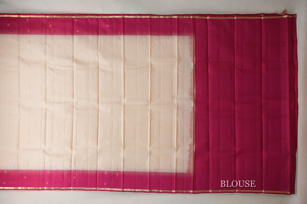 Cream Beige with Rani Pink Borders Light Weight Kanjivaram Silk Saree blouse