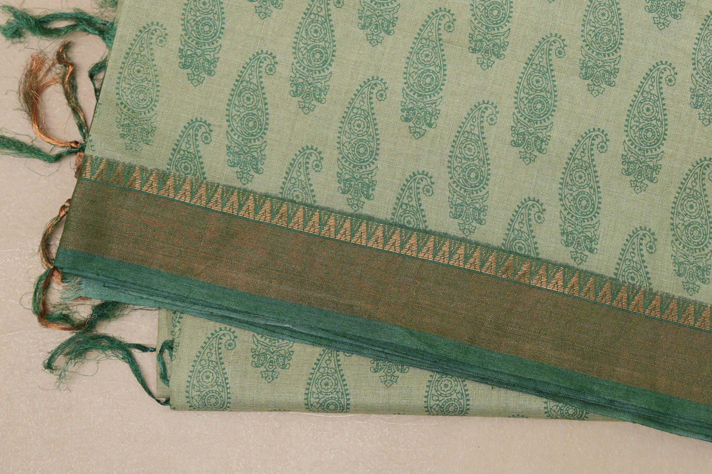 Pastel green with leaf green borders Bhagalpur Tussar silk saree border