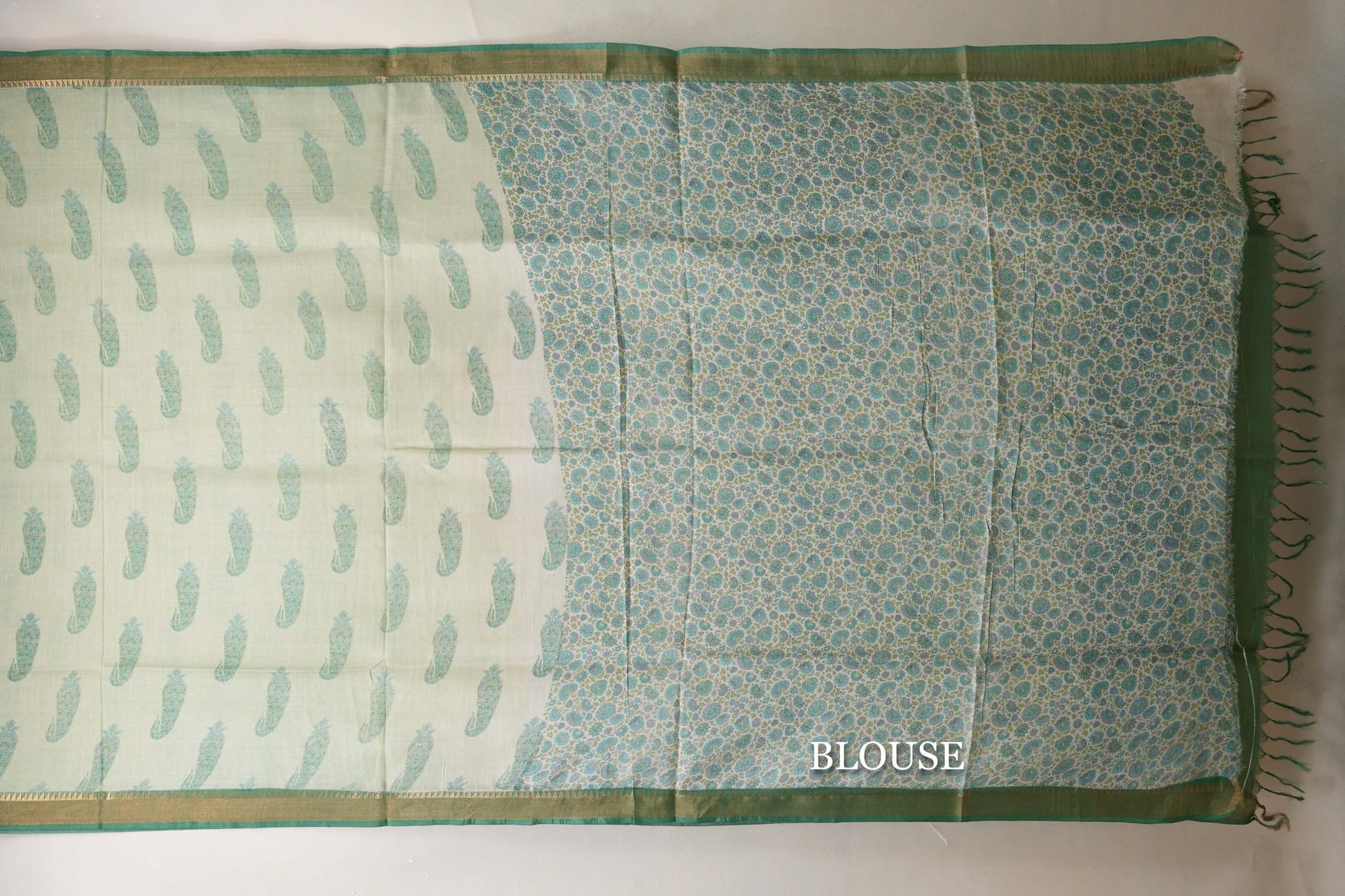 Pastel green with leaf green borders Bhagalpur Tussar silk saree blouse