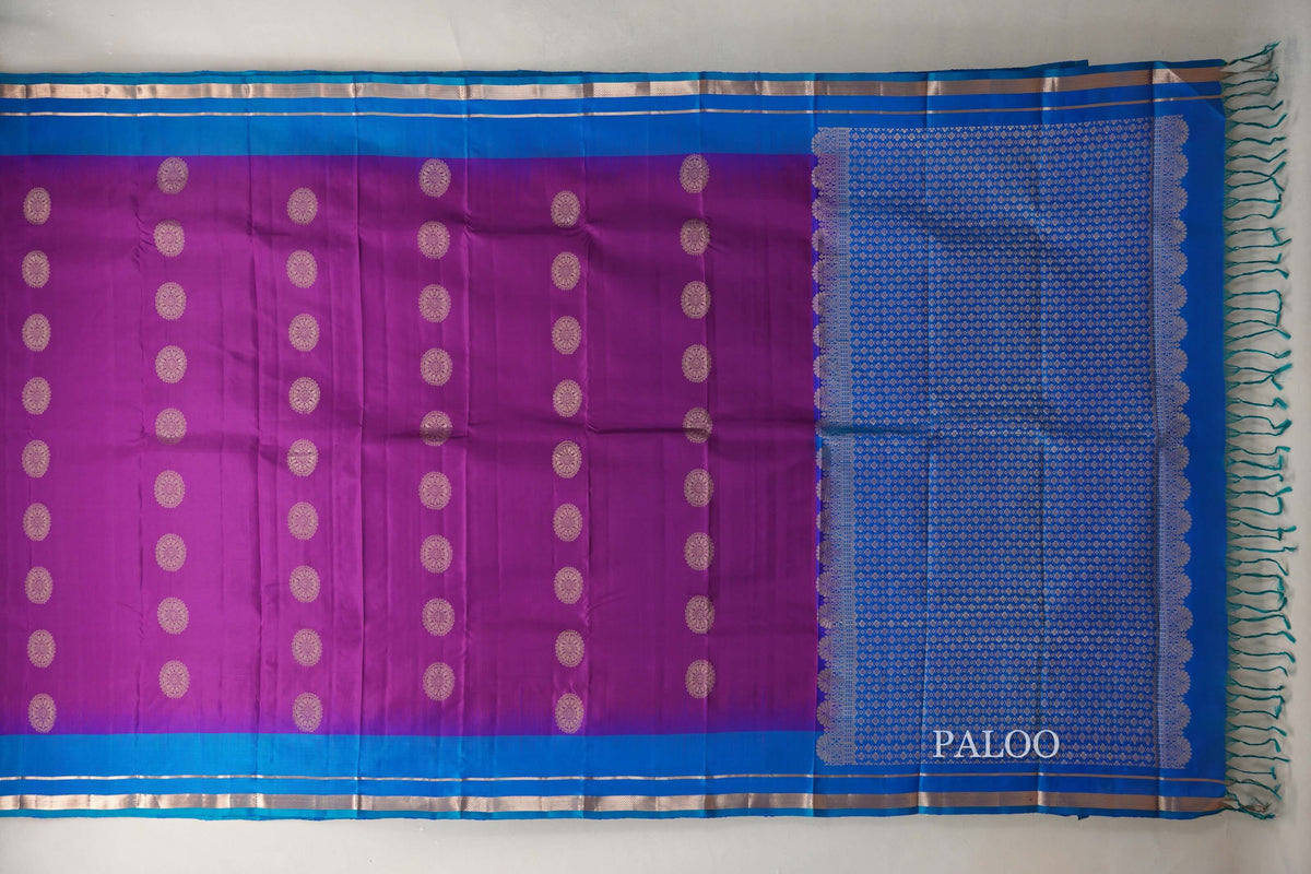 Deep Magenta with Peacock Blue Borders Light Weight Kanjivaram Silk Saree paloo