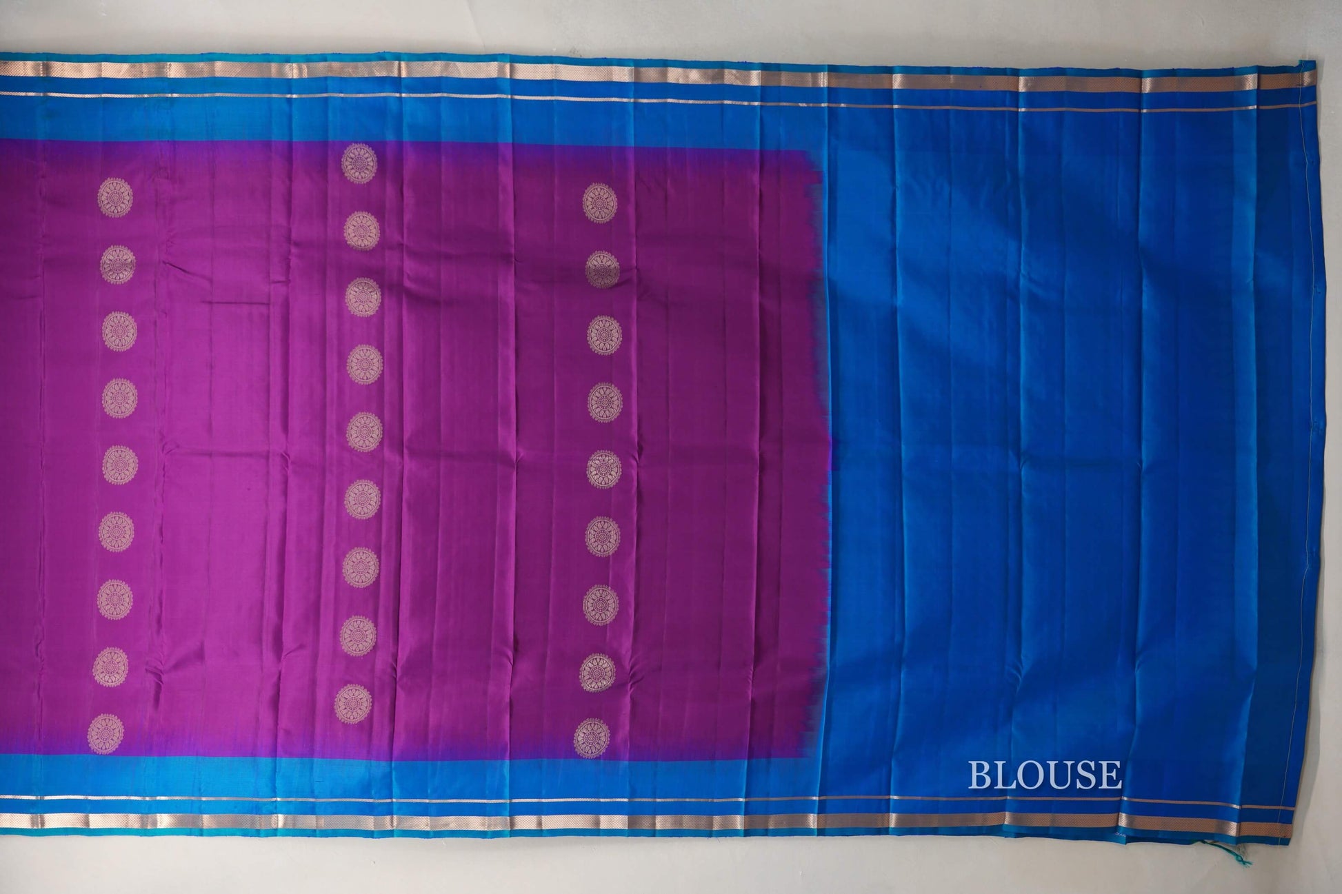 Deep Magenta with Peacock Blue Borders Light Weight Kanjivaram Silk Saree blouse