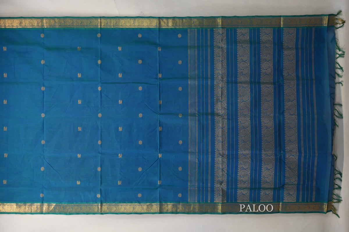 Peacock Blue Vegan Silk Cotton Saree paloo