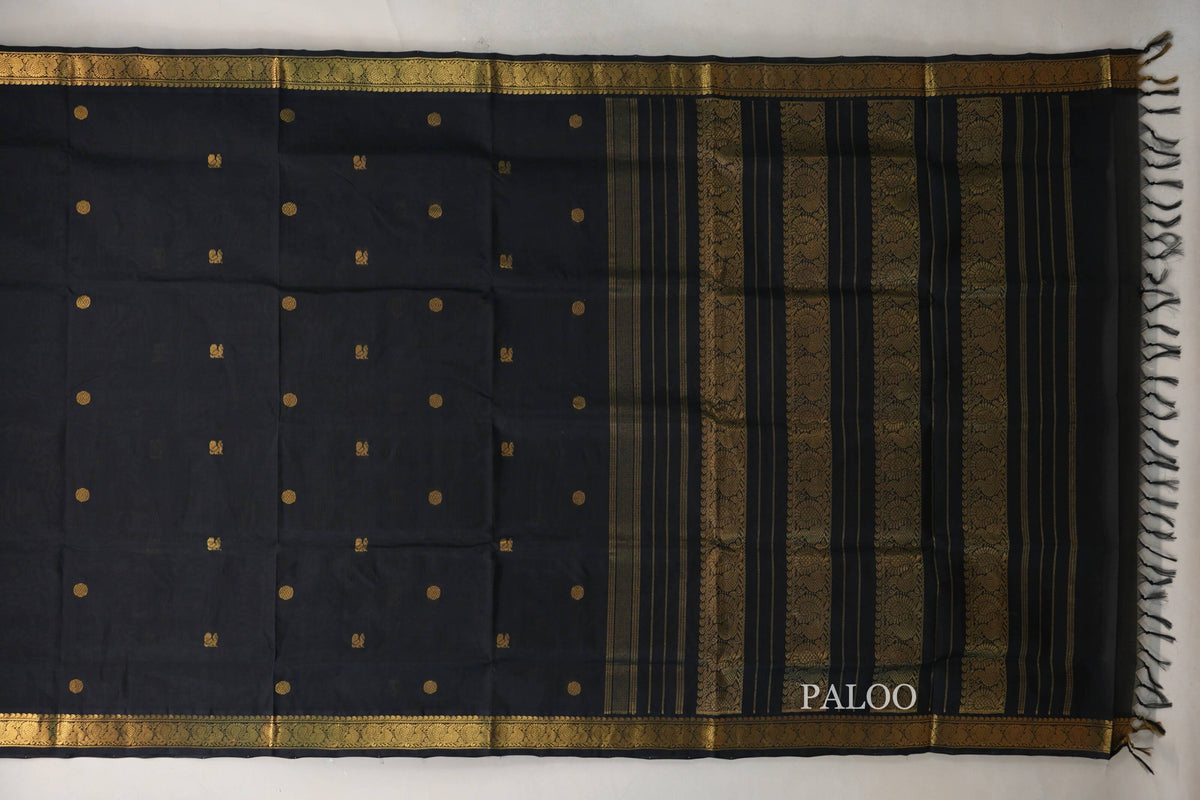 Black Vegan Silk Cotton Saree paloo