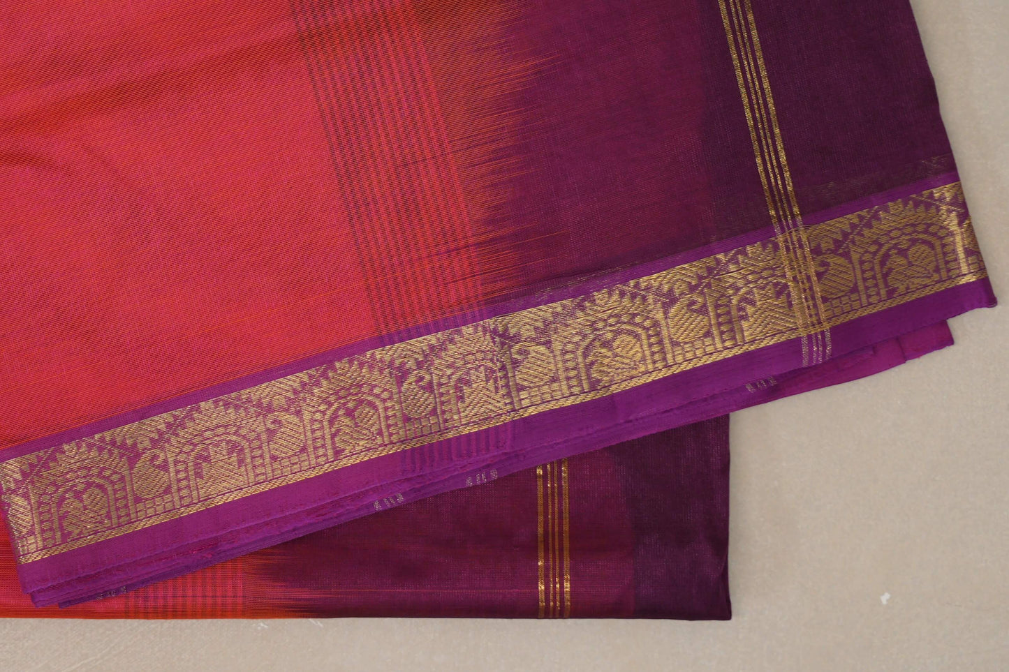 Dual Tone of Orange & Pink with Purple Borders Vegan Silk Cotton Saree border